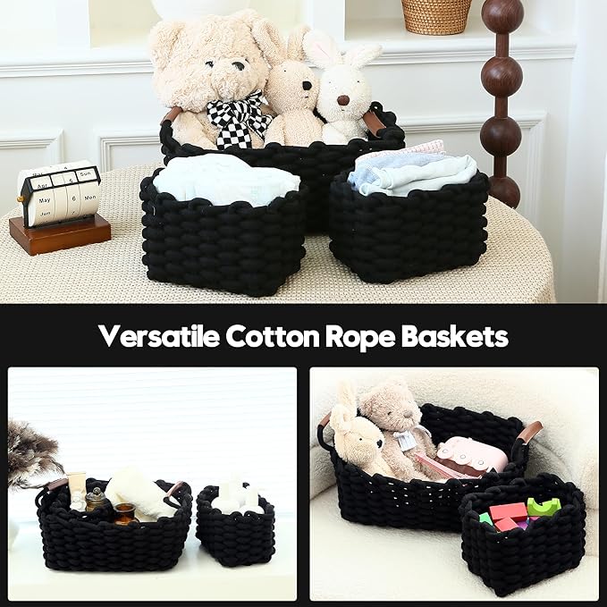 Sea Team 3-Pack Rectangle Woven Cotton Rope Storage Baskets with Handles, Shelf Basket, Closet Organizers, 3-in-1, Black-Ruum Studio Home