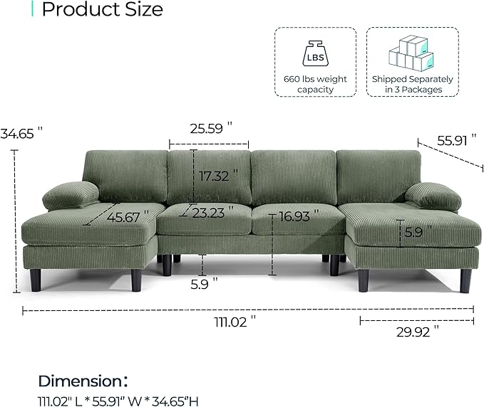 LINSY HOME Sectional Couch, 111'' W Corduroy U Shaped Sofa with Sleepable Armrests, 4 Seat Couch with Double Chaises, Deep Seat Sofa for Living Room, Army Green-Ruum Studio Home