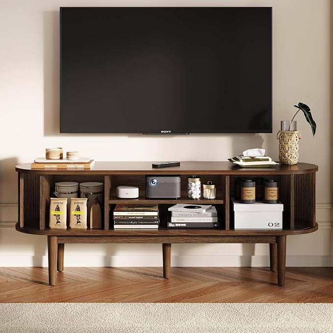 LINSY HOME TV Stand for 65" TV, Mid-Century Modern 58" Entertainment Center with Sliding Tambour Door and Storage Cabinet, Cruved TV Media Console Table for Living Room, Bedroom, Walnut-Ruum Studio Home