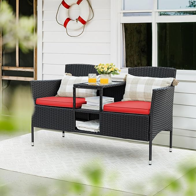Flamaker Outdoor Furniture Patio Loveseat Wicker 2-Seat with Built-in Table and Cushions Rattan Porch Chairs Bench for Balcony, Lawn, Backyard (Red)-Ruum Studio Home