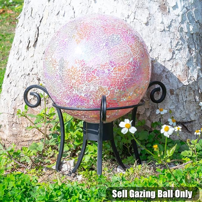 VCUTEKA Gazing Ball, Iridescent Crackled Glass Mosaic Gazing Balls Sphere for Garden Lawn Outdoor Ornament Yard Decorative, 10-Inch, Pink-Ruum Studio Home