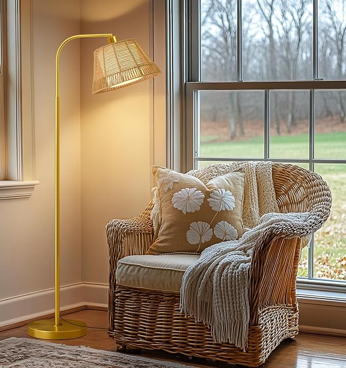 Oneach Arc Floor Lamp for Living Room,Rattan Boho Floor Lamp with Hand-Woven Wicker & Fabric Shade, Foot Switch,Gold Metal Base & Pole,Farmhouse Standing Lamp for Bedroom Corner,Office,Reading-Ruum Studio Home