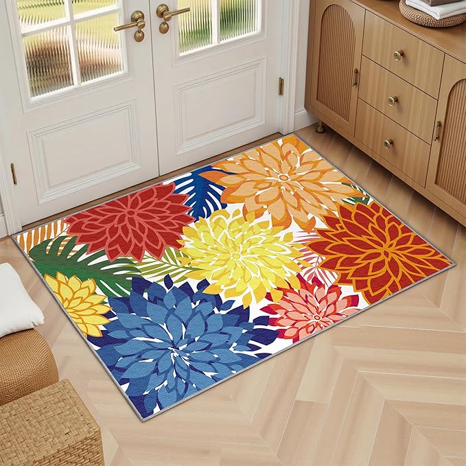Area Rug 2x3 Washable Entry Small Rug Multicolored Tropical Botanical Modern Floral Indoor Kitchen Door Mat Entrance Carpet Non Slip for Bedroom Living Room, Porch-Ruum Studio Home