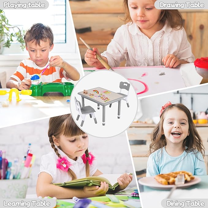 Toddler Table and Chair Set, Height Adjustable-Upgrade Kids Table and 2 Chairs for Ages 3-8, Multi-Activity Toddler Play Table with Graffiti Desktop for Home/Daycare/Classroom-Ruum Studio Home