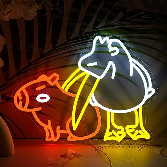 LISIGNVE Capybara Pelican Neon Sign for Wall Decor Funny Capybara Led Neon Light Sign Pelican Neon Light for Children's Room Kindergarten Bedroom Zoo Art Wall Decor(16.5”*12.6”)