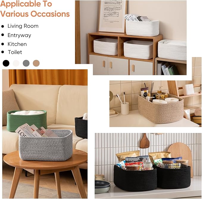 OIAHOMY 4 Pack 14.17*11.02*6.3IN Storage Baskets for Organizing Shelves, Woven Rope Baskets for Organizing Books, Clothes, Decorative Basket for Living Room, Nursery, Bedroom, Gift Basket, White-Ruum Studio Home