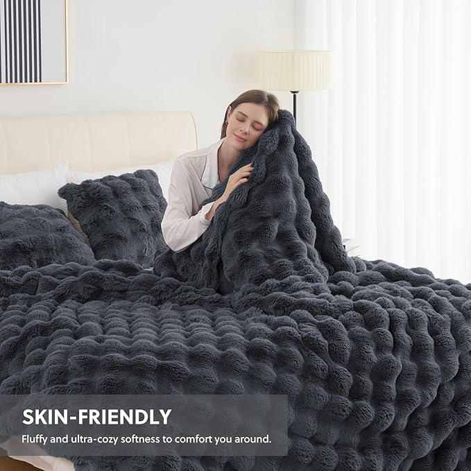 Cozy Faux Fur Throw Blanket for Bed-Warm Fuzzy Throw Blanket, Soft Plush Thick Bubble Blankets for Bedroom and Living Room, Furry Luxury Blanket, 60 x 80, Grey-Ruum Studio Home