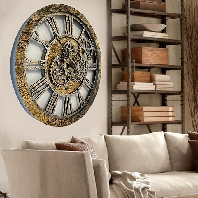 The Gears Clock The Original Real Moving Gear Wall Clock Vintage Industrial Oversized Rustic Farmhouse (24 inch (60cm),Gold Antique)-Ruum Studio Home