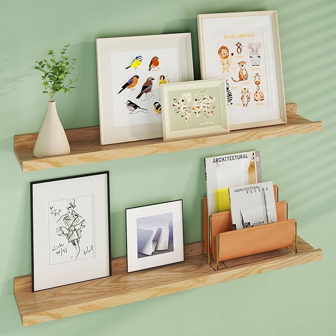 Floating Picture Ledge Shelves 36 Inch Solid Oak Wood Set of 2, Rustic Wall Storage Shelves with Lip, Kids Bookshelf, Photo & Picture Ledge Shelves for Bedroom, Living Room, Kitchen-Ruum Studio Home