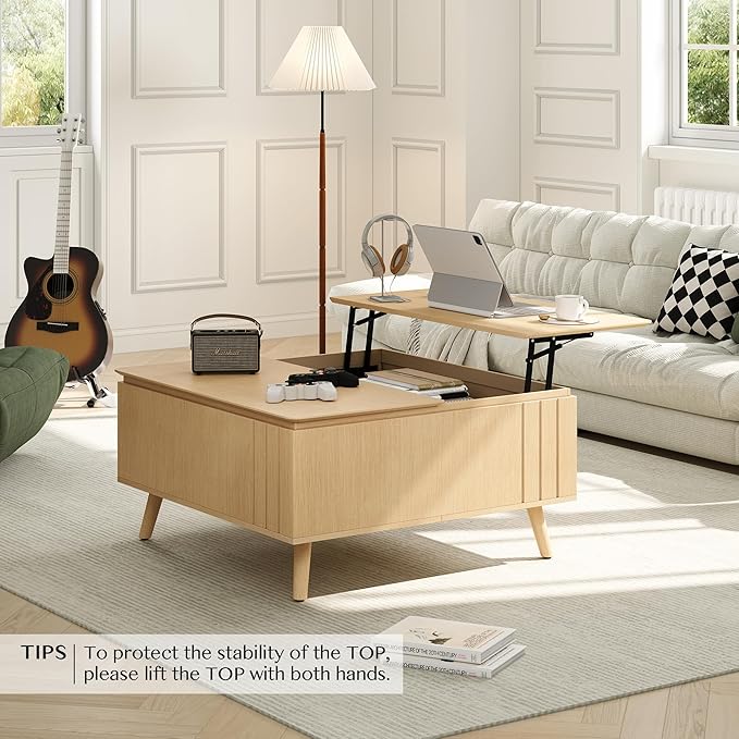 Lift Top Coffee Table with Storage,36" Large Square Coffee Tables for Living Room,Mid Century Modern Center Table for Home Office, Oak-Ruum Studio Home