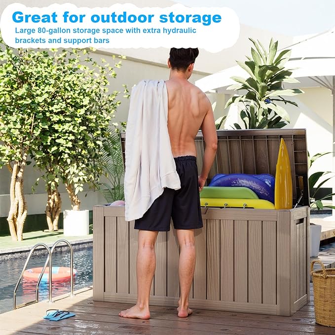 Vixzen 80 Gallon Resin Deck Box, Lockable Outdoor Storage Box for Patio Cushions Storage Furniture,Garden Tools, Pool Supplies, Weatherproof and UV Resistant- Grey-Ruum Studio Home