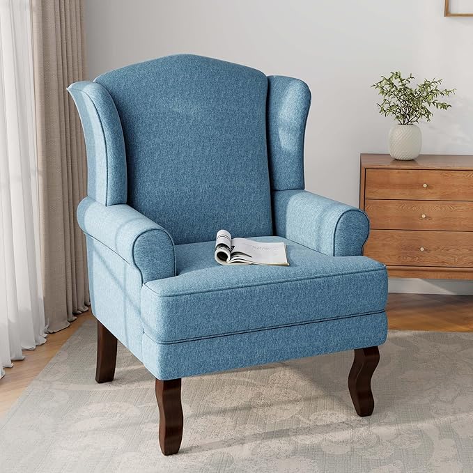 Accent Chair, High Back Upholstered Armchair with High Resilience Sponge & Wood Legs, Mid-Century Modern Comfy Single Sofa Reading Chairs for Living Room, Bedroom (Blue, Set of 2)-Ruum Studio Home