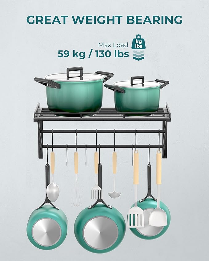 OROPY 23 Inch Wall Mounted Pot Rack Storage Shelf with 2 Tier Hanging Rails 12 S Hooks included, Ideal for Pans, Utensils, Cookware, Plant Black-Ruum Studio Home