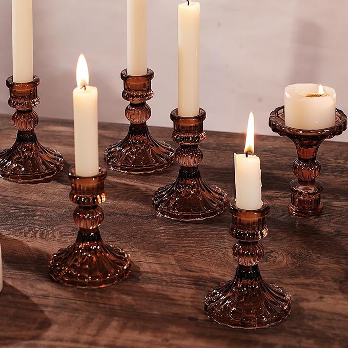 12PCS Amber Candlestick Holders Set- 4" H Taper Candle Holders, Glass Candle Holders Bulk for Wedding, Party, Fall Home Table Centerpieces, Festival Gifts & Windowsill Decor-Ruum Studio Home