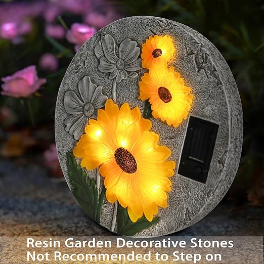 DREAM GARDEN Garden Décor Sunflower Outdoor Decorative Stones, Solar Garden Stone Resin Outdoor Garden Stone Patio, Walkway Stones Yard Art, 10.75 Inch-Ruum Studio Home