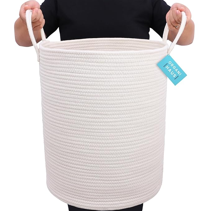 OrganiHaus White Laundry Basket 15x18, Cotton Rope Basket for Blankets, Tall Woven Baskets for Storage, Large Basket for Toys, Soft Blanket Holder Bin, Boho Blanket Basket for Living Room-Ruum Studio Home