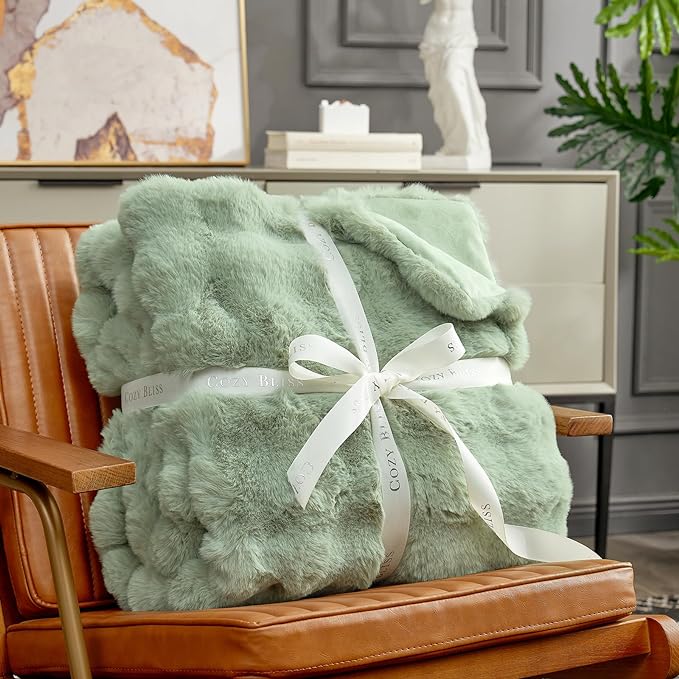 Cozy Bliss Faux Fur Throw Blanket for Couch, Fuzzy Soft Plush Thick Bubble Blanket for Sofa Bedroom Living Room, 108 * 90 Inches Sage Green-Ruum Studio Home