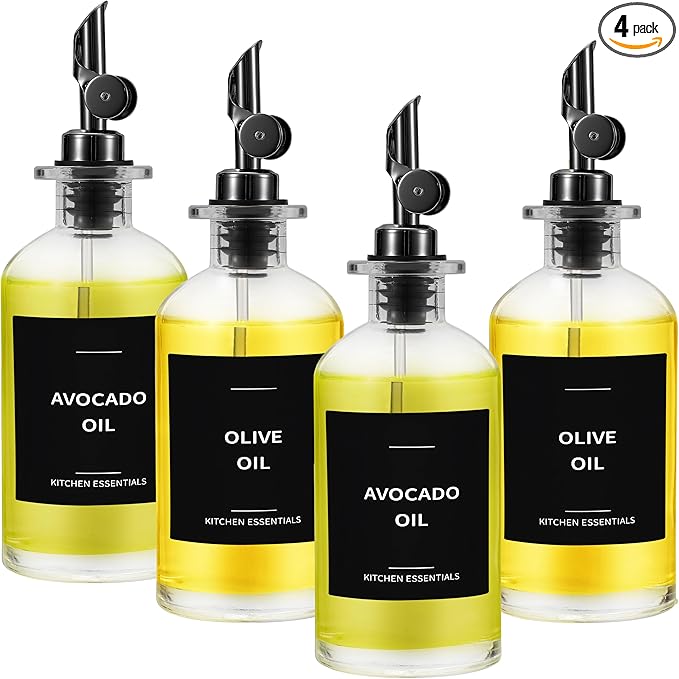 Olive Oil Dispenser Bottle - Includes 55 Kitchen Essential Labels - Cooking Oil Bottles for Kitchen, Coffee Syrup Dispenser - Pourer Spout with 11.8 fl oz Glass Container Cruet - 4pcs, Black-Ruum Studio Home