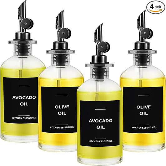 Olive Oil Dispenser Bottle - Includes 55 Kitchen Essential Labels - Cooking Oil Bottles for Kitchen, Coffee Syrup Dispenser - Pourer Spout with 11.8 fl oz Glass Container Cruet - 4pcs, Black-Ruum Studio Home