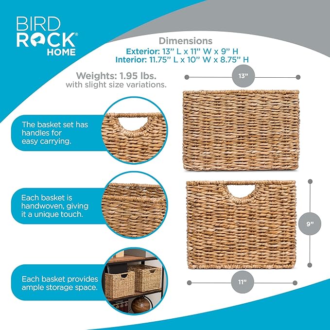 BIRDROCK HOME Storage Shelf Organizer Baskets with Handles - Handwoven Abaca Seagrass Wicker Basket for Pantry, Living Room, Office & Bathroom, Versatile Under Shelf Storage - Set of 3, Natural-Ruum Studio Home