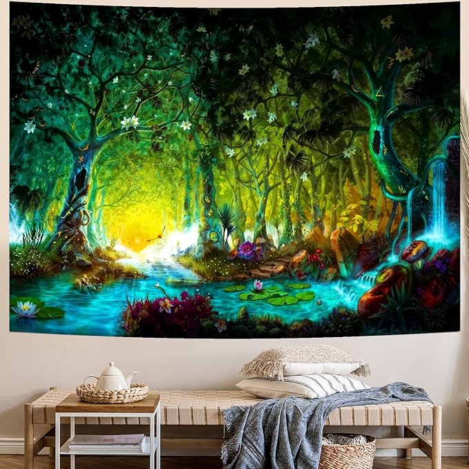 Delur Fantasy Forest Tapestry Mystical River Enchanted Magical Fairy Tale Tree Tapestry Sunrise Landscape Sunset Nature Psychedelic Wall Hanging Headboard for Bedroom Living Room Home Decor (59.1" x 78.7")-Ruum Studio Home