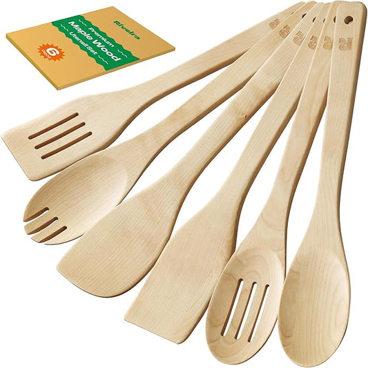 Riveira Maple Wooden Cooking Utensils Set of 6 Premium Non-Toxic Wooden Spoons & Spatula for Cooking-Ruum Studio Home