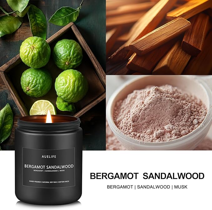 Bergamot Sandalwood Candle for Men | Masculine Scented Soy Candles - Home Fragrance, Aromatherapy Gifts for Men - 7oz Black Jar, Long-Lasting Luxury Decor-Ruum Studio Home