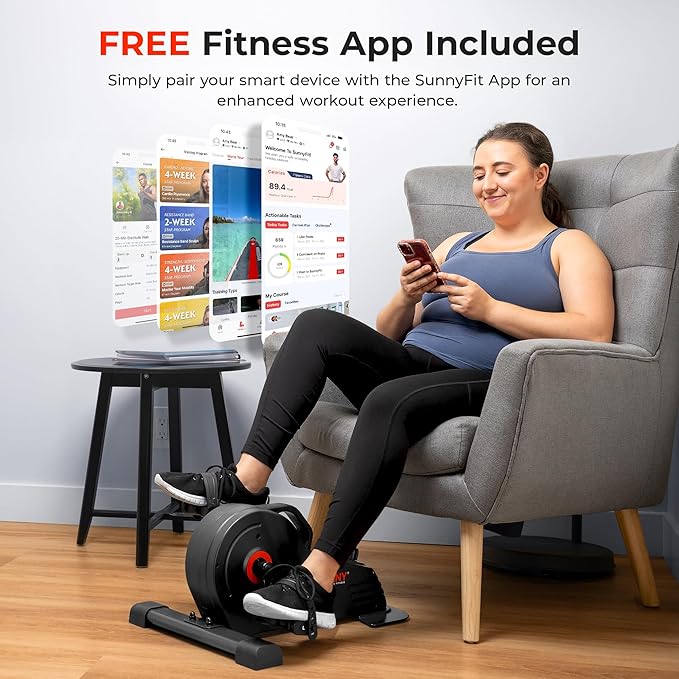 Sunny Health & Fitness Dual Function Under Desk Pedal Exerciser, Portable Indoor Cardio Mini Bike at Home, Arm/Leg Cycle for Seniors, Optional Magnetic, Motorized & Free SunnyFit App Bluetooth Connect-Ruum Studio Home