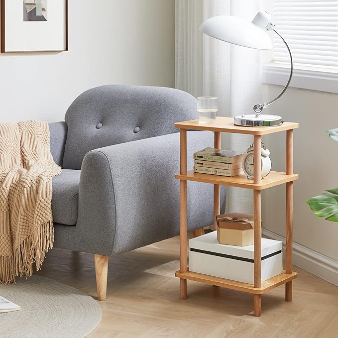 IBUYKE 3-Tier Side Table, Solid Wood Tall End Table with Storage Shelves, Nightstand Bedside Table for Living Room Bedroom Office, No-Tool Assembly, Natural UWST003N-Ruum Studio Home