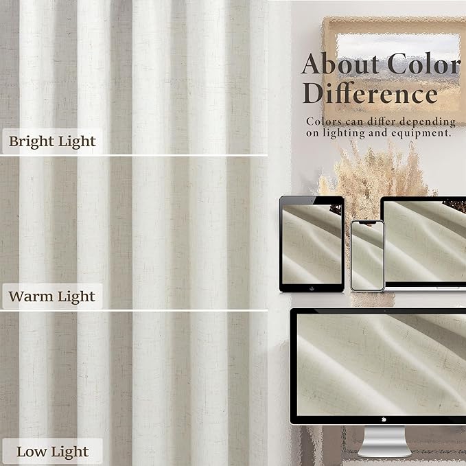 Total Blackout Linen Curtains 108 Inch Length 2 Panels Set for Bedroom Heat Cold Light Blocking Noise Reduction Cotton Linen Drape 9ft Long Floor to Ceiling Patio Sliding Door Curtain Cream White Back-Ruum Studio Home