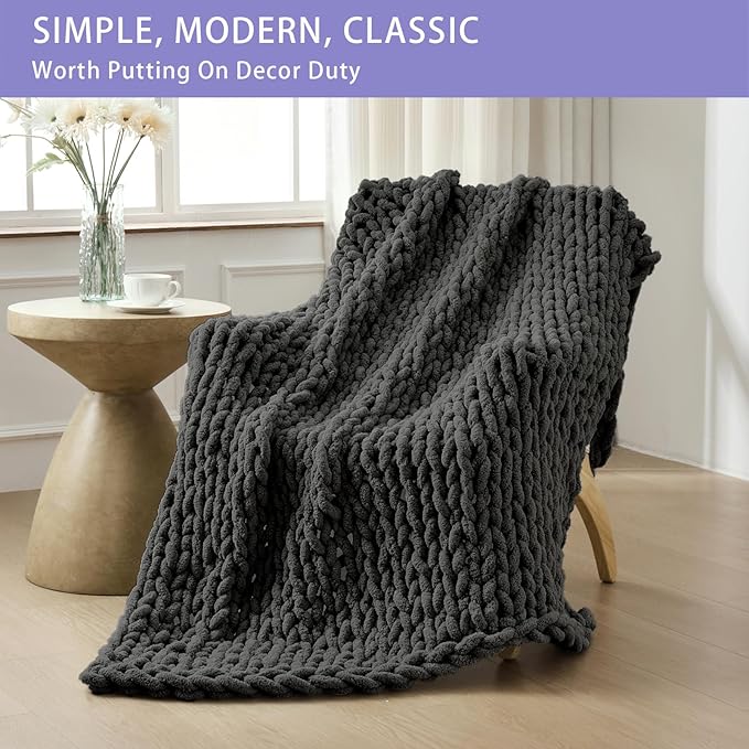 Bigacogo Chunky Knit Throw Blanket for Couch, 40x60 inches, 100% Hand Knitted with Thick Jumbo Chenille Yarn, Cozy Soft Large Rope Knot Cable Crochet Blankets for Sofa Bed Living Room, Dark Grey-Ruum Studio Home