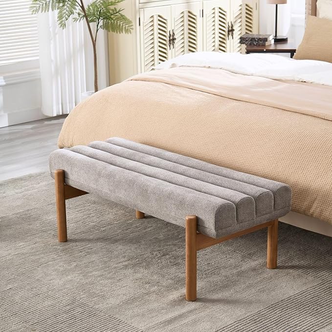 Upholstered Bench Grey Modern End of Bed Bench Chenille Fabric Bedroom Bench for Entryway Living Room Vanity Makeup Room, 47" Long, Wooden Legs-Ruum Studio Home