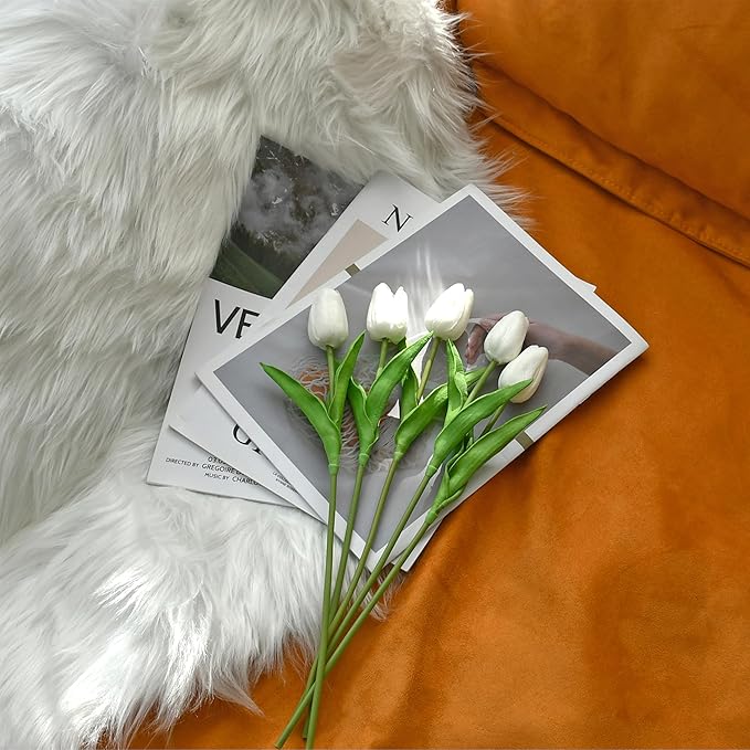 Mandy's Artificial Tulips 60 Stems White PU Faux Flowers for Wedding Home Decor 13.5 Inch-Ruum Studio Home