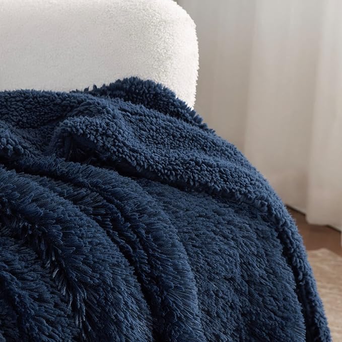 Bedsure GentleSoft Fuzzy Faux Fur Twin Blanket, Navy Blue Cozy Gifts for Men, Soft Sherpa Fleece Plush Warm Minky Thick Blanket Twin Size for Bed, Navy Dorm Decor Blue Gifts for Boys, 60x80-Ruum Studio Home