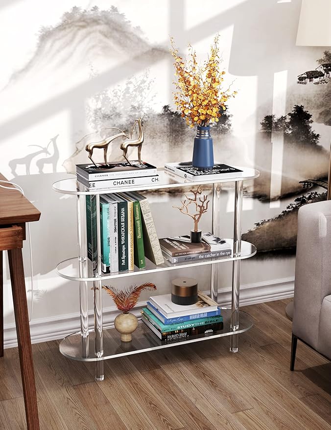 Clear Bookshelf, Acrylic Bookcase with Open Book Shelf Console Table for Entryway Office Living Room Bedroom (3 Tier Clear)-Ruum Studio Home