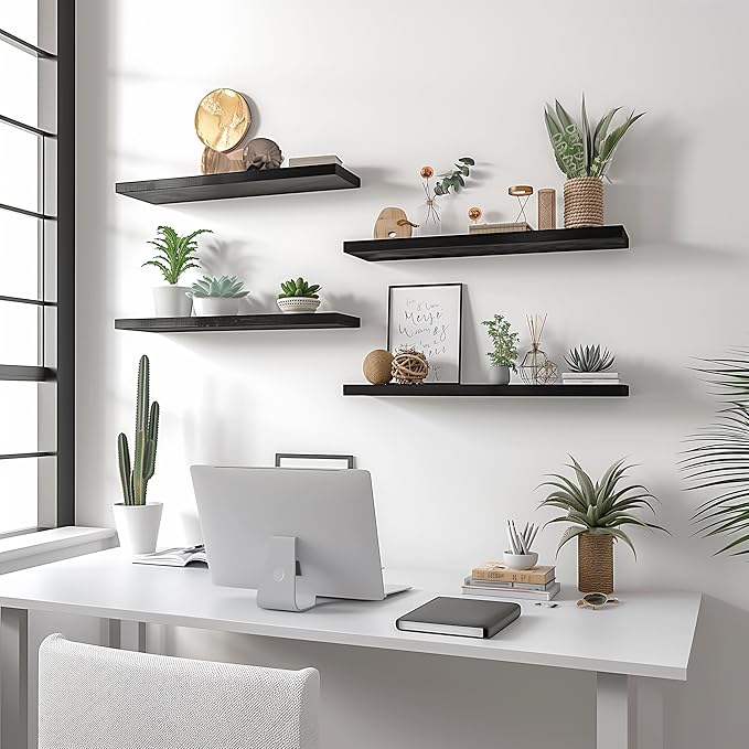 Wood Floating Shelves for Wall Decor, Rustic Wall Shelves for Bedroom Bathroom Kitchen Living Room, Set of 4 Black 24 Inch-Ruum Studio Home