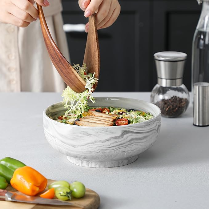 MALACASA Large Serving Bowls, 60 OZ (8'') Salad Bowls Set of 2, Ceramic Mixing Bowls for Kitchen, Serving Bowl for Soup, Pasta, Side Dishes and Entertaining, Marble Grey, Series REGULAR-Ruum Studio Home