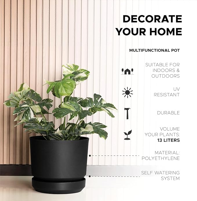 Elly Décor 14 inch Plastic Cylinder Planter Pot with Self-Watering Saucer and Drainage Hole,Lightweight & Extremely Durable, 14"x 14", Charcoal-Ruum Studio Home