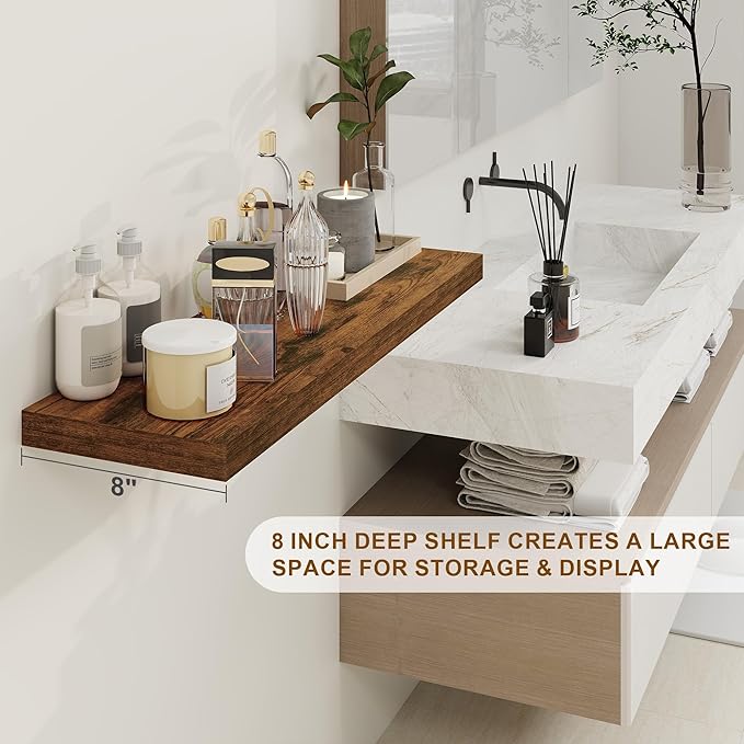 30 Inch Floating Shelves, Rustic Floating Wall Shelves 8 Inch Deep, 30 x 8 Floating Shelves for Home Decor, Deep Storage Shelves for Kitchen, Bathroom, Living Room, Rustic Brown Color, Set of 2-Ruum Studio Home