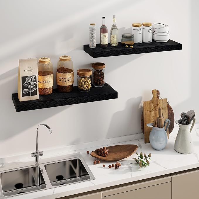 Fun Memories Black Floating Shelves 36 Inch Long, 8 Inch Deep Floating Shelf for Wall, 36" W x 8" D Wall Shelves Set of 2, Black Deep Floating Shelves for Bedroom, Living Room, Kitchen-Ruum Studio Home