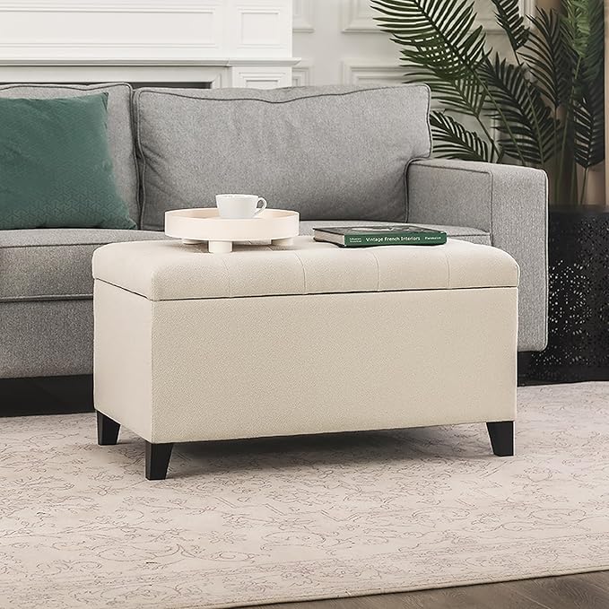 Asense Storage Ottoman Bench, Tufted Fabric Upholstered End of Bed Bench with Safety Hinge Wooden Legs, for Entryway Bedroom (Cotton and Linen Beige, 33.3")-Ruum Studio Home