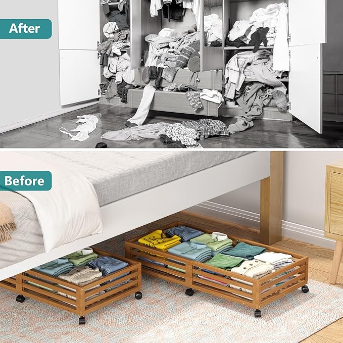 Bamboo Under Bed Storage Containers- Underbed Organizer with Wheels with Large Dust Bag,Sturdy Wood Rolling Under the Bed Shoe Storage Organizer Drawer 2 Packs (Walnut, Long)-Ruum Studio Home