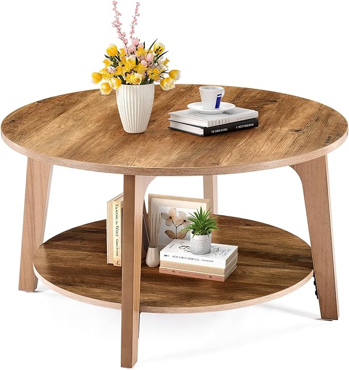 Sweetcrispy Round Coffee Table, 36'' Wood Coffee Tables for Living Room with Storage, 2-Tier Center Circle Counter with Wooded Desktop, 50 lbs Capacity, Anti-Slip Feet, Modern Farmhouse Design, Brown-Ruum Studio Home