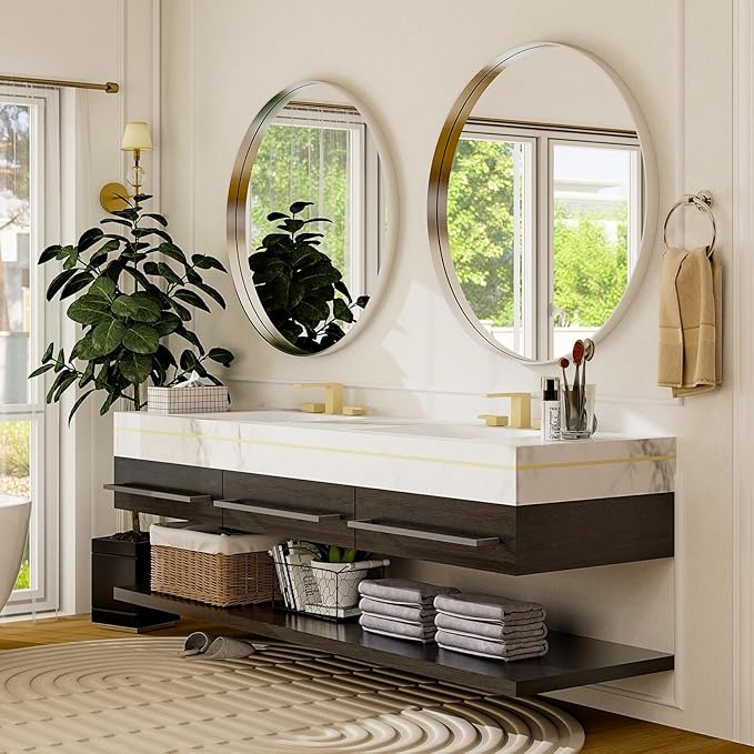 24 Inch Round Bathroom Mirror - Wall Mounted Circle Mirror with Metal Frame, Modern Mirror Suitable for Bathroom, Vanity, Entryway, Living Room, Wall Decor,Silver-Ruum Studio Home
