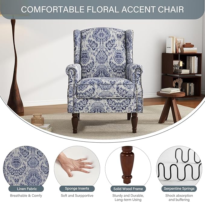 UIXE High Back Floral Accent Chair, Fabric Upholstered Armchair for Living Room, Retro Wingback Arm Chair with Solid Wood Legs, Nailhead Trim Single Sofa Bedroom Reading Seat - Navy Blue-Ruum Studio Home