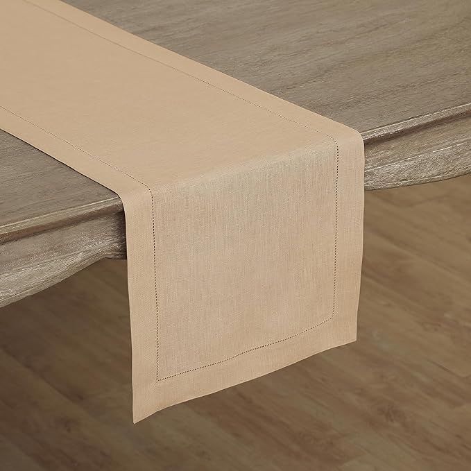 Solino Home Linen Beige Table Runner 72 Inches Long - 100% Pure Linen Hemstitch Table Runner 14 x 72 Inch for Dresser, Dining, Fall, Autumn, Halloween, Thanksgiving - Classic Hemstitch-Ruum Studio Home