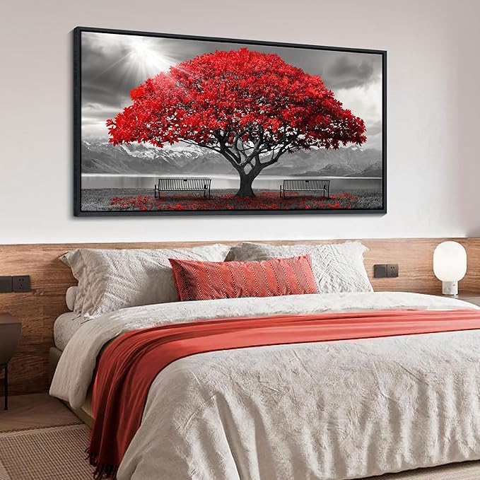 AJAZIKO Red Wall Art - Modern Framed Wall Art for Living Room - Red Tree Black and White Landscape Canvas Prints Posters & Prints for Home Office Bedroom Decorations - Large Wall Pictures 29×58IN-Ruum Studio Home