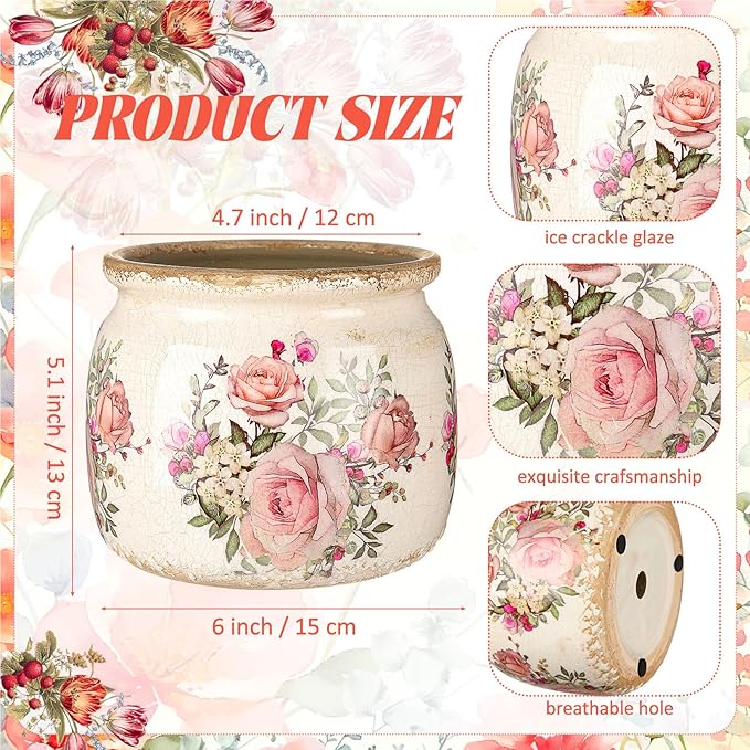 Vintage Planter Large Ceramic Plants Pot Beige Pink European Rose Ice Crack Cottage Scroll Vase Flower Vase Pot Indoor Plants Home Kitchen Decor Farmhouse Antique Decorative Gifts-Ruum Studio Home