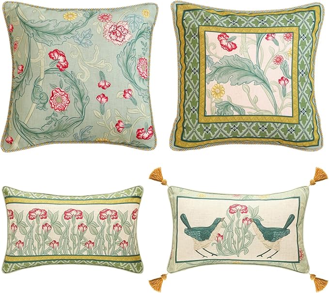 patdrea Designer Pack of 4 Throw Pillow Covers,French Vintage Rustic Linen with Green Floral Pattern Pillows Cover,Decorative Lumbar Square Pillowcases Cushion for Bed Living Room Outdoor Car-Ruum Studio Home