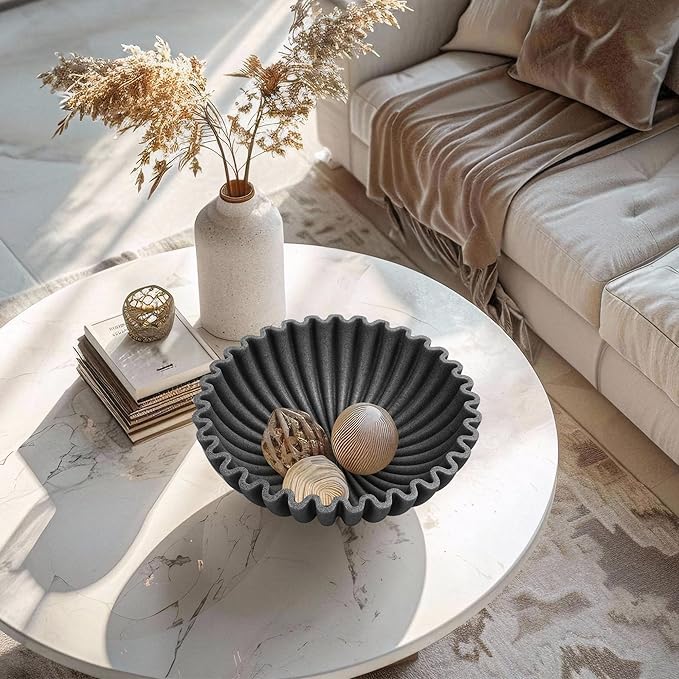 Large Decorative Bowl, Modern Handicraft Bowls for Home Decor, Decorative Fruit Bowl for Kitchen, Ruffle Bowl Decor, Stylish Key bowl for Entry Table, Artificial Stone Black-Ruum Studio Home